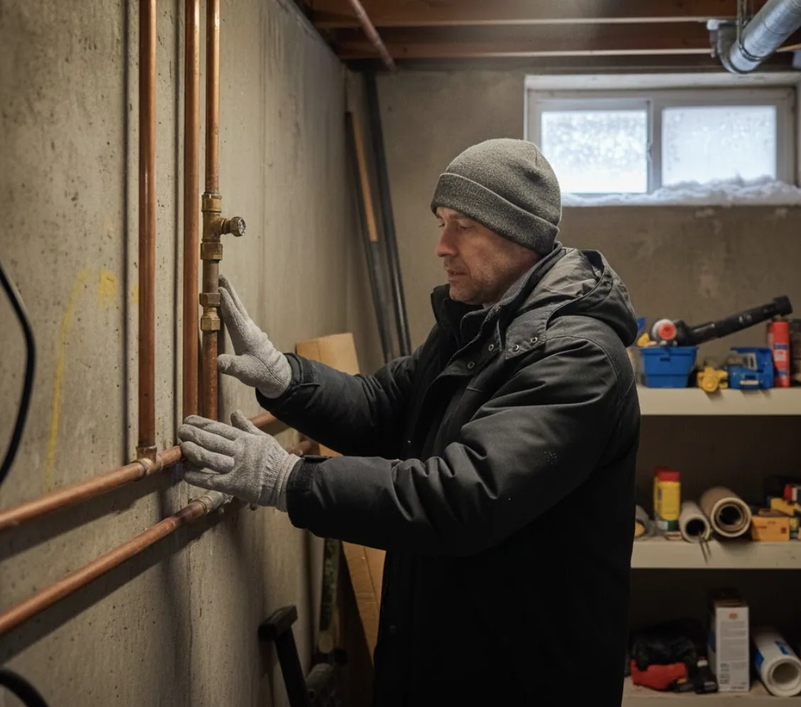 man inspecting frozen pipes in the house