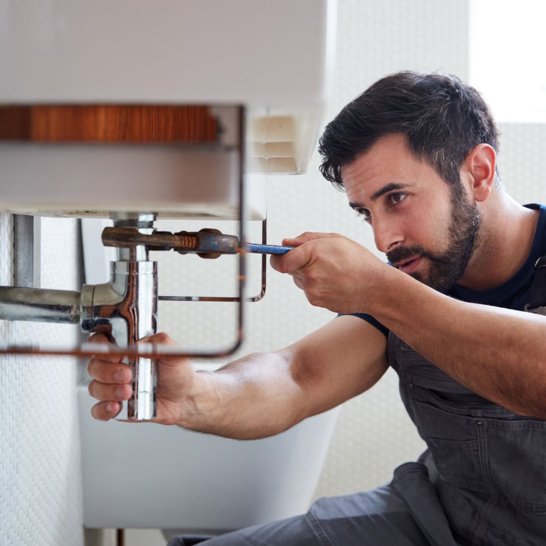 plumber checking pipes under a sink